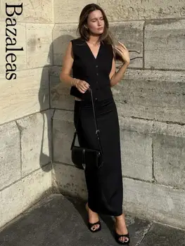 2023 Bazaleas Mağaza Traf kadın Zarif Siyah Geri Bölünmüş Etek Bayan Midi Etek Alt Resmi Giyim