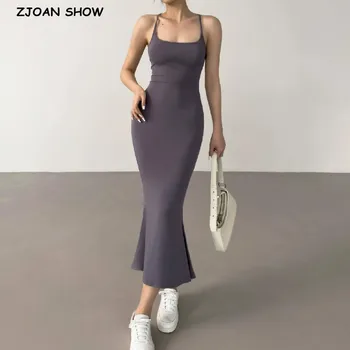 2023 Seksi U Yaka Çapraz Lacing Up Bandaj Backless Uzun Mermaid Elbise Kadınlar Streç Temel Bodycon Midi Fishtail Sling Elbise