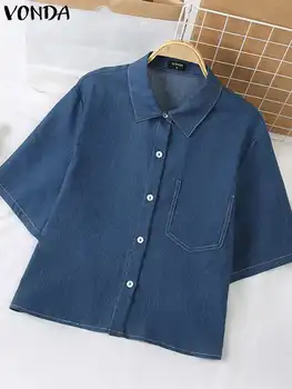 2023 VONDA Moda Bluz Denim Gömlek Kadın Kısa Kollu Yaka Düz Renk Tunik Üstleri Yaz Casual Düğmeler Gevşek Sokak Blusas