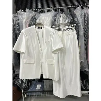 2023 Yaz Kadın Etek Takım Elbise Mizaç Yüksek sınıf V Yaka Kısa Kollu Blazer Kayış Yarım Uzun Etek İki Parçalı Set Kadın Kıyafetleri