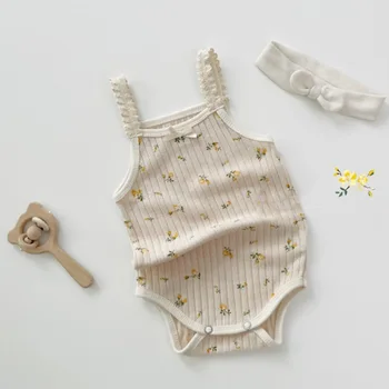2023 Yaz Yeni Bebek Kolsuz Bodysuit Sevimli Bebek Kız çiçekli tulum Yumuşak Pamuklu Yenidoğan Toddler Kız Giysileri