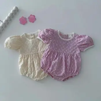 2023 Yaz Yeni Bebek Kız Çiçek Nakış Bodysuit Pamuk Yenidoğan Kız Puf Kollu Tulum Çocuk Bebek Prenses Elbise