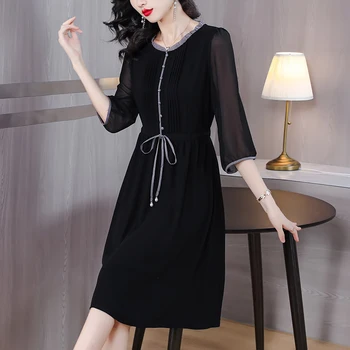 2023 Yeni Moda Fransız Siyah Elbise kadın Sonbahar Çok Yönlü Yuvarlak Boyun 3/4 Kollu Gevşek Fit Casual Parti Elbise Vestidos