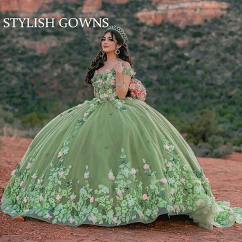 Adaçayı Yeşil 3D Çiçekler Çiçek Quinceanera elbise Balo Kapalı Omuz Aplikler Tatlı 16 Dantel Korse Vestidos De XV Anos