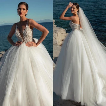 AGLEA Klasik Plaj gelinlikler Dantel Aplikler Kolsuz düğün elbisesi Custom Made Derin V Boyun Tül Vestido de novia
