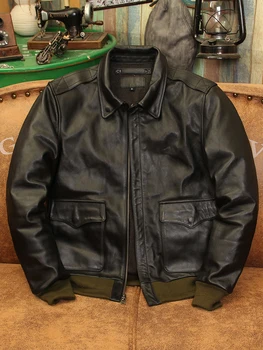 Amerikan A2 Hava Kuvvetleri Uçuş Takım Elbise Ceket Yaka Kısa Balmumu Boyalı At Deri Motosiklet Deri Ceket erkek Vintage Deri Ceket
