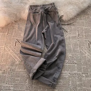 Baggy Jean Düz Kot Yüksek Bel Yığılmış Geniş Bacak Kot Gri Yeni Vetements Femmes Yüksek Bel Kadın Cepler Şeritler Pantolon