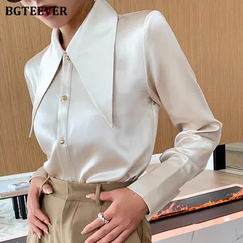 BGTEEVER Moda Yaka Saten Bluzlar Kadınlar için Zarif Tam Kollu Tek göğüslü Gevşek Kadın Gömlek Sonbahar Bayanlar Tops