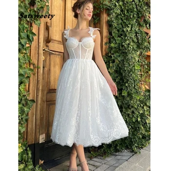 Boho Zarif düğün elbisesi Kadınlar İçin 2023 Sevgiliye Aplikler Dantel 3D Çiçek Geri Lace Up Robe De Mariée Çay Boyu