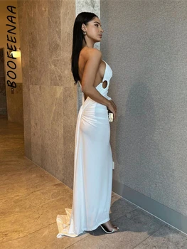 BOOFEENAA Beyaz Siyah Zarif Akşam Parti Elbiseler Kadın Dökümlü Backless Bir Omuz Uzun Kollu Maxi Elbise Güz 2023 C83-DC52