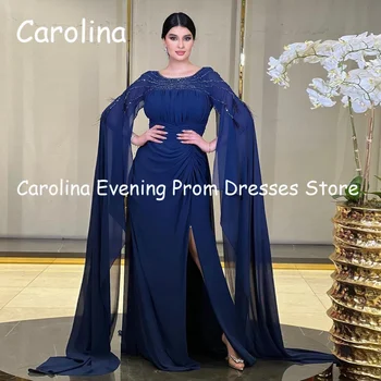 Carolina Şifon A-line Fırfır derin yuvarlak yaka Sequins Balo Elbisesi Kat Uzunlukta Akşam Resmi Zarif Parti Elbise Kadınlar için 2023