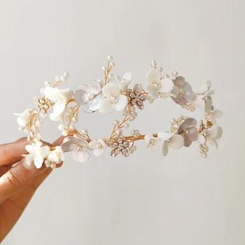 El yapımı Seramik Çiçek Taç Ve Taç Gelin saç bandı düğün suni elmas saç aksesuarları Başlığı Takı Kadınlar İçin
