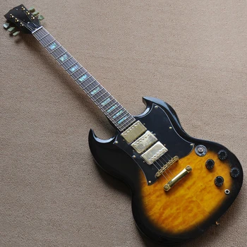 Elektro Gitar Siyah Dış Halka Sarı Gövde Saksı Kabuk Klavye Altın Köprü