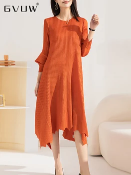 GVUW Düzensiz Pilili Elbise Kadın 2023 Sonbahar Yeni O-boyun Uzun Kollu Gevşek Zarif Parti Elbiseler Kadınlar İçin Düz Renk 17G1052