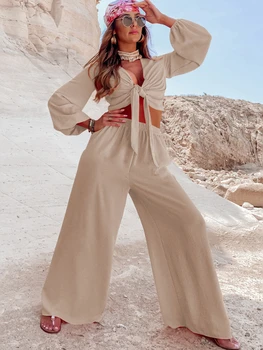 HOUZHOU Kadın İki Parçalı Setleri Rahat Eşleştirme Kıyafetler Yaz Geniş Bacak Pantolon Takım Elbise Kadın Uzun Kollu Seksi Hırka Streetwear