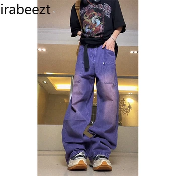 Irabeezt Amerikan Retro Jean Düz Tüp Yıkama Kravat boya Degrade Mor Jean Yüksek Sokak Çok cep kot pantolon Y2k Giysileri