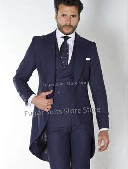 Iş Lacivert Uzun Düğün Takım Elbise Erkekler İçin Slim Fit Tepe Yaka Damat Tuxedos3Pieces Setleri Yüksek Qublity MaleBlazer Kostüm Homme