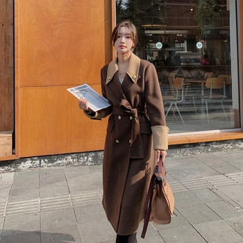İngiltere Tarzı Kruvaze Eklenmiş Kuşaklı Uzun Yün Ceket Kadın 2023 Sonbahar Kış Zarif Vintage Gevşek Ceket Palto 9658