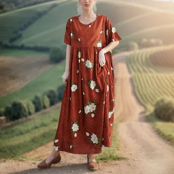Kadın Artı Boyutu Gevşek Elbise Pamuk Keten Çiçek Baskı Kısa Kollu Elbise Büyük Boy Zarif Y2k Elbiseler Vestidos Günlük Giyim İçin