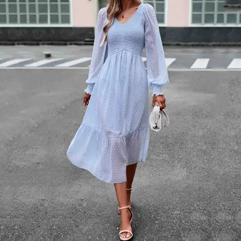 Kadın Sonbahar 2023 Elbiseler Parlama Kollu V Yaka İsviçre Nokta İmparatorluğu Bel Şifon Midi Elbise Bayanlar Casual Zarif Dantel Elbise