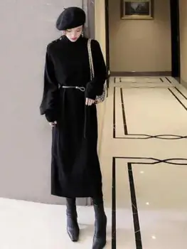 Kadın Sonbahar Kış Yarım Highneck Düz Örgü Uzun Kollu Sıcak Düğme Elbise Katı Rahat Zarif Kemer Kazak uzun elbise
