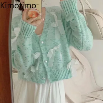 Kimotimo Sonbahar Kış Dantel Yay Hırka Kadın Kore Nazik V Boyun Ince Kırpılmış Kazak Tatlı Tembel Uzun Kollu Y2k Örme Tops