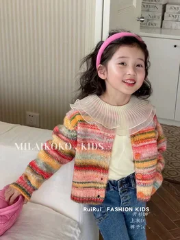 Koreli çocuk giyim kız kazak hırka ceketler sonbahar batılılaşmış kızların gevşek ve sıcak çocuk çizgili triko
