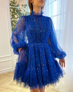 Kraliyet Mavi Tül Mezuniyet Elbiseleri Gençler için Sparkly Yüksek Boyun Uzun Kollu A-Line Kokteyl Elbise Kadınlar için Kısa فساتين كوكتيل