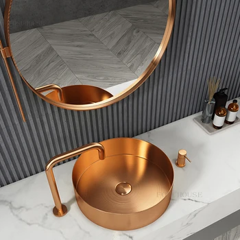 Lüks yuvarlak banyo lavaboları yaratıcı banyo armatürü Altın Paslanmaz Çelik Tezgah Havzası Ev lavabo mutfak yıkama lavabosu Z