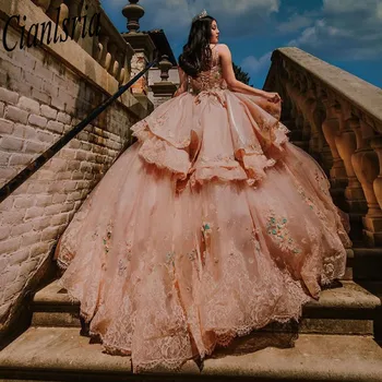 Meksika pembe Quinceanera elbise Balo Boncuklu Dantel Aplikler Tatlı 16 Elbise Prenses Lace Up Vestido De 15 Años