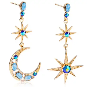 Moda Mavi Dangle Bırak Küpe Vintage Ay Yıldız Sevimli Asimetrik Küpe Damızlık Küpe Uzun Küpe Kadınlar İçin Altın Renk