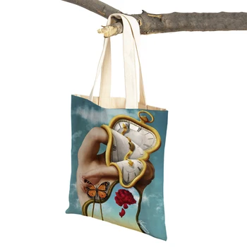 Moda Soyut Resimler Manzara Kadın Alışveriş Çantaları Yeniden Kullanılabilir Çift Baskı Rahat Kanvas Alışveriş Çantası süpermarket alışveriş çantası