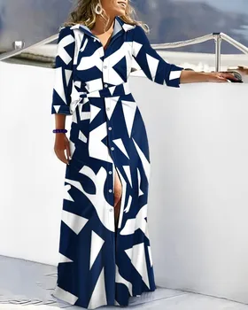 Moda Uzun Kollu Çizgili Baskı Gömlek Elbise Kadınlar 2023 Sonbahar Yeni Düğmeler Zarif Ofis Bayanlar Maxi Elbiseler Kadınlar İçin Kemer