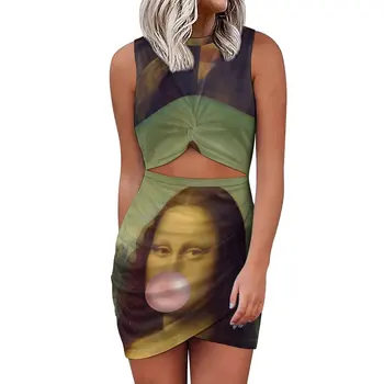 Mona Lisa Sakız Bodycon Elbise Yaz Komik Seksi Elbiseler Kadın Kolsuz Desen Streetwear Elbise Büyük Boy