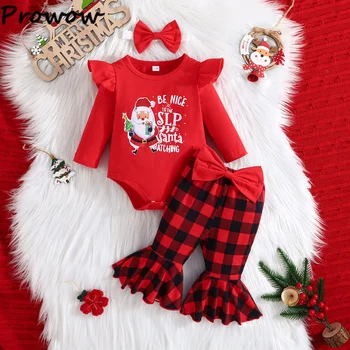 Prowow 0-18M İlk Bebek noel kıyafeti Kız Mektup Santa Romper ve Kırmızı Ekose Pantolon Yenidoğan Noel Giysileri Yeni Yıl