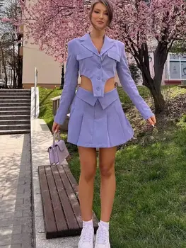PUWD Kadın Moda Tek Göğüslü Kısa Blazer Ceket Ve Düğmeli Mini Etek 2023 Yaz Vintage Kadın 2 Parça Setleri Mujer