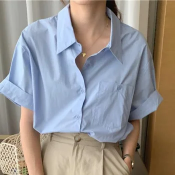 Rahat Kısa kollu Gömlek Yaka Tek göğüslü Cep Gömlek Tasarım Gevşek Üst Kadın Şık Üst Kadınlar için Zarif Blusas 27823