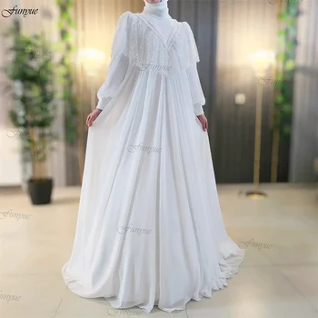 Robe De Mariée Fransa Başörtüsü düğün elbisesi 2024 parlak pullar A-Line Şifon Uzun Kollu gelinlikler Gelin Vestido De Noiva