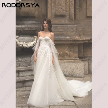 RODDRSYA Straplez Kapalı Omuz düğün elbisesi Tül A-Line Aplike Gelin Parti Illusion Dantel Geri Gelin Kıyafeti Sweep Tren Boho