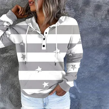 Sonbahar Şerit Tişörtü Kadın Grafik İpli Hoodies Tops Düğme Aşağı Uzun Kollu Tişörtü Artı Boyutu Streetwear гуди