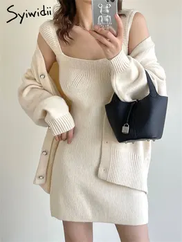 Syiwidii Örme İki Parçalı Setleri Bayan Kıyafetler 2023 Yeni Moda V Boyun Tek Göğüslü Hırka Rahat Camiş Mini Elbise Setleri
