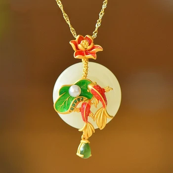Taze pastoral tarzı lotus yaprağı goldfish kolye yuvarlak antik altın zanaat emaye kolye yeni ışık lüks takı hediye