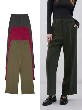 TRAF Yaz Yeni Şık Kadınlar Katı Geniş Bacak Pantolon 2023 Zarif Stil Ofis Bayanlar Katı Yüksek Bel Geniş Bacak Pantolon 3 Renk