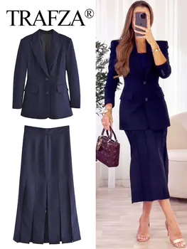 TRAFZA Kadın Bölünmüş Etek Takım Elbise Ofis Blazer Lacivert Ceket Tek Düğme Etek İki Parçalı Setleri İş Kadın Takım Elbise Kıyafetler
