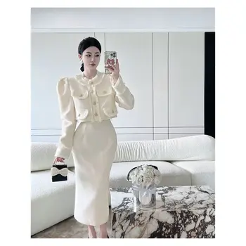 UNXX 2 parça Set Etekler Ceketler Standı Boyun Tüvit Kısa Ceket Uzun Kollu Kore Dış Giyim Tops + Etekler Rahat Zarif Kadın Ceket
