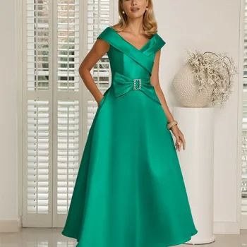 Vintage Kısa Saten Yeşil anne Gelinler Elbiseler A-Line V Yaka Ayak Bileği Uzunluk Vaftiz Elbise Cepler İle kadınlar için