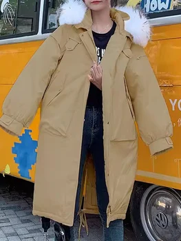 Vintage Uzun Parkas Kadınlar için Sonbahar Kış 2023 Yeni Streetwear Moda Kalınlaşmak Sıcak Ceketler Bayanlar Casual Boy Mont