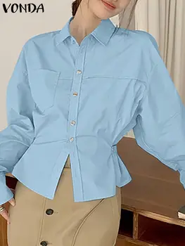 VONDA Moda Kadın Gömlek Zarif Uzun Kollu Düğmeler Düz Renk Bluz Casual Tunik Üst 2023 Bayanlar Bel Blusas Femininas