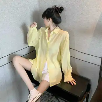 Yaz kadın Gevşek Güneş Koruyucu Giyim Moda Geri Dantel Up Bölünmüş Alt Gömlek Katı Uzun Kollu Gevşek Rahat Üst