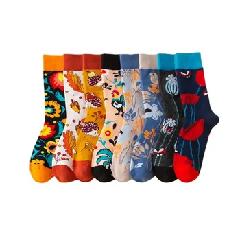 Yeni AB Ayak Çiçek ve Kuş Desen Orta tüp Rahat Çorap erkek Moda Çorap Kadınlar için Calcetines Mujer Chaussette Femme Kawaii